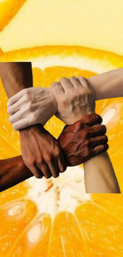 Intertwined diverse hands on orange background