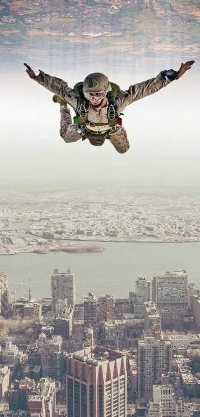 Upside-down skydiver over city skyline, surreal adventure view.