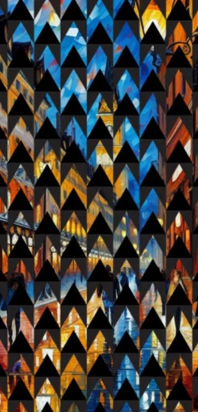 Vibrant urban abstract art wallpaper with geometric cityscapes.
