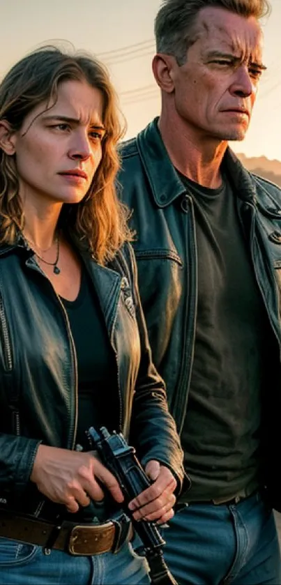 Urban adventure duo in leather jackets.