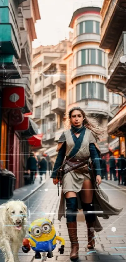 Mystical adventurer with companions in a vibrant city street scene.