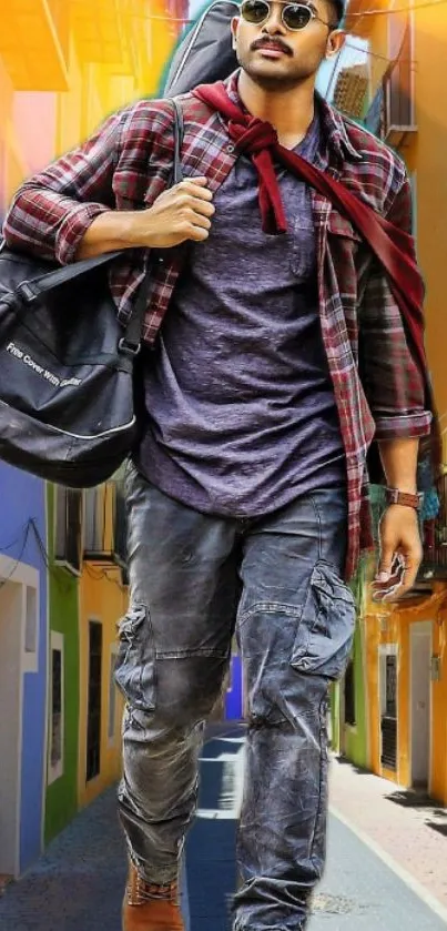 Man walking in a colorful city street with a stylish outfit and bag.