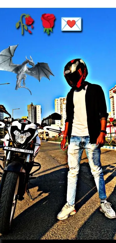 Motorcyclist in urban landscape with dragon overlay.