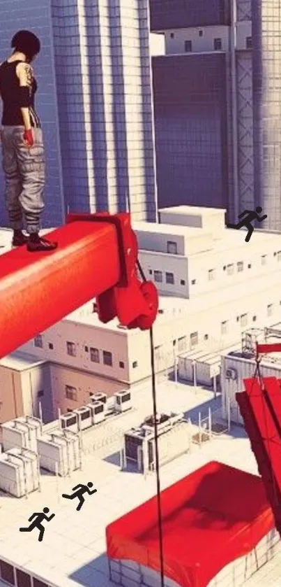 Parkour scene on red beams above a modern cityscape.