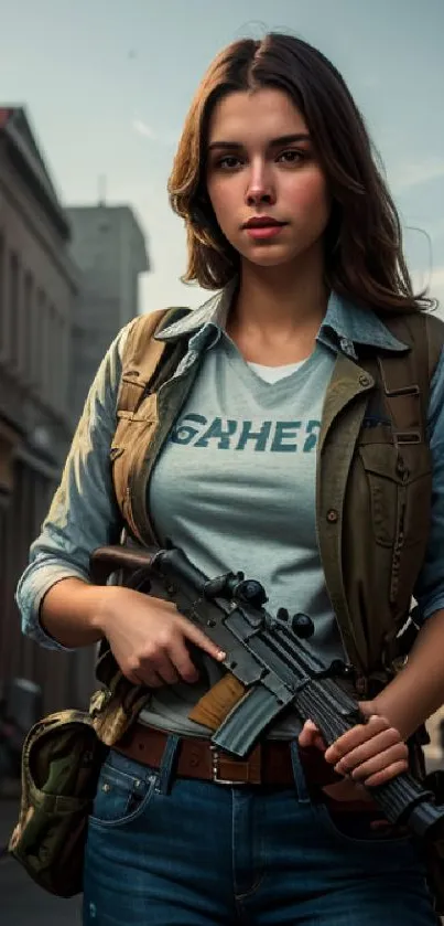 Woman in tactical gear posing in city scene wallpaper.