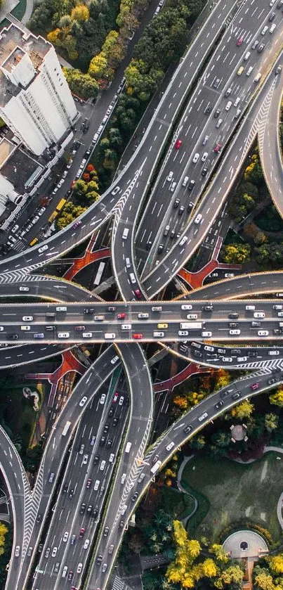 Aerial view of intricate urban highway intersection.