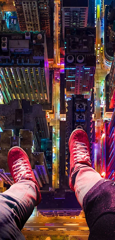 A daring night view from a high rooftop, illuminated by vibrant city lights.