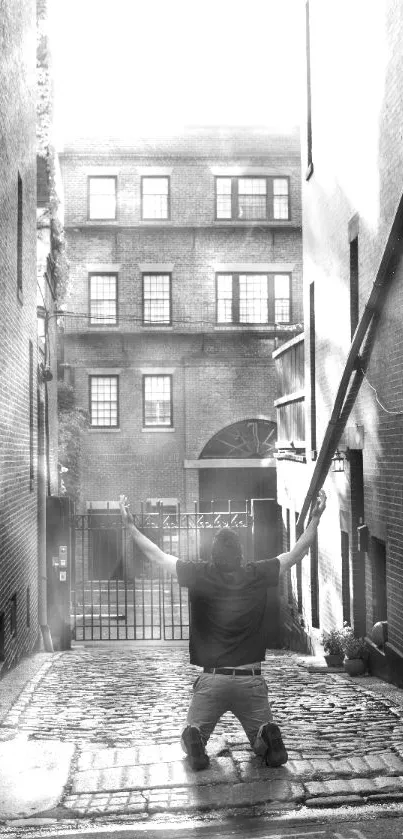 Black and white alley scene with person posing.