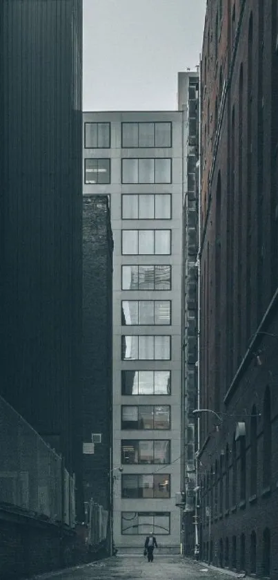 Slate gray urban alleyway with tall buildings.