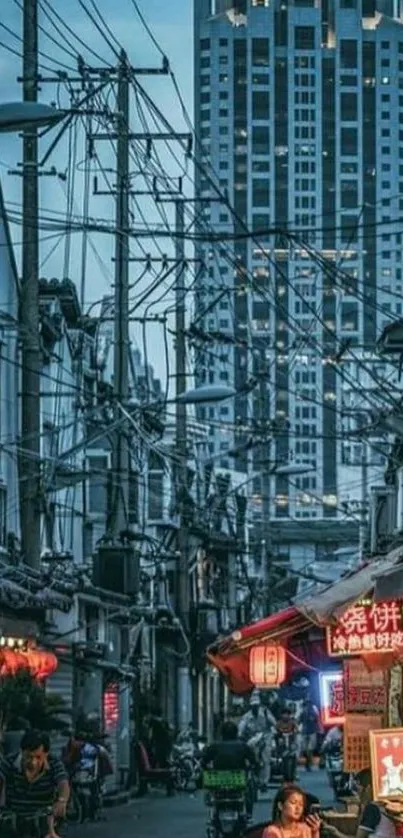 Urban street scene with skyscraper backdrop, vibrant and bustling with life.