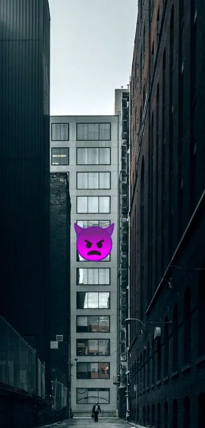 Urban alley with a purple emoticon on a high-rise building façade.