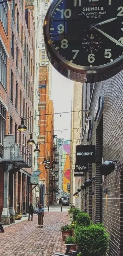 Urban alleyway with a large clock and brick walls.