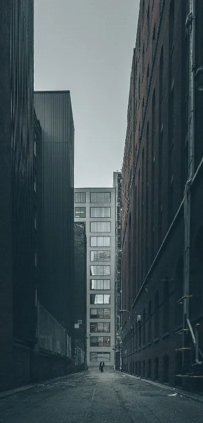 Moody urban alleyway with tall buildings.