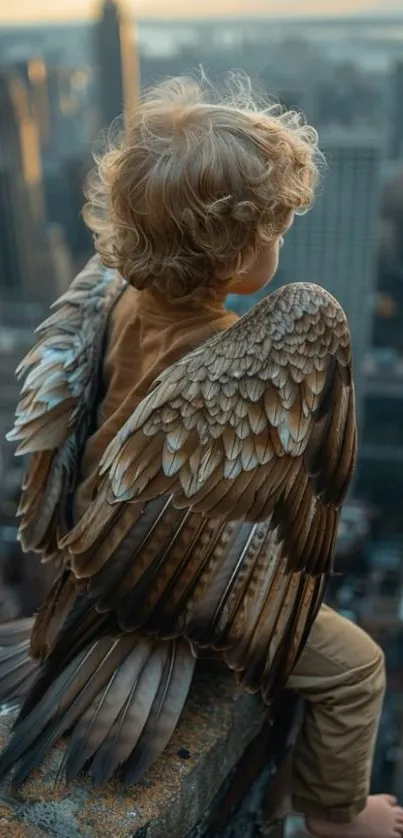 A young child with angel wings sits on a ledge overlooking a city skyline at sunset.