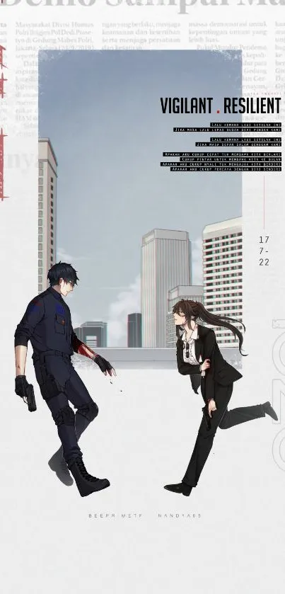 Anime characters in urban setting with skyscrapers and bold text elements.