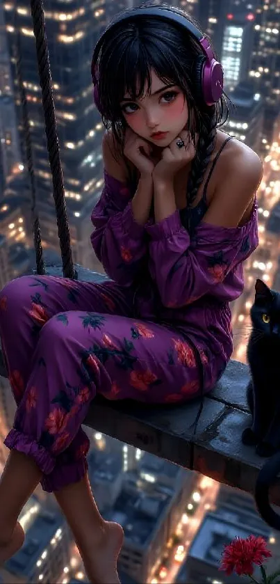 Anime girl with headphones sits over cityscape at night.