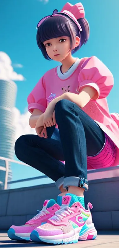 Anime character in urban fashion with pink and blue hues, in a city setting.