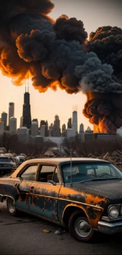 Abandoned car with smoking city skyline in urban scene.