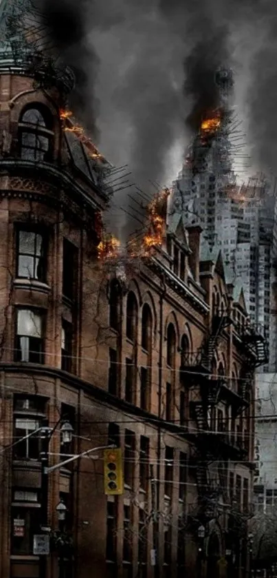 Apocalyptic cityscape with burning buildings and dark smoky sky in the background.