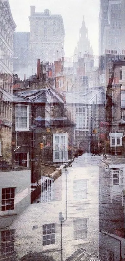 Urban double exposure wallpaper with city architecture blend.