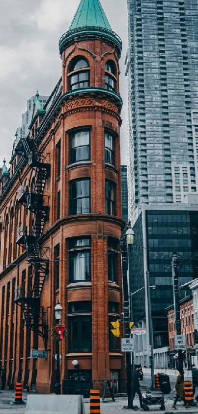 Urban cityscape with unique architecture and bustling street view.