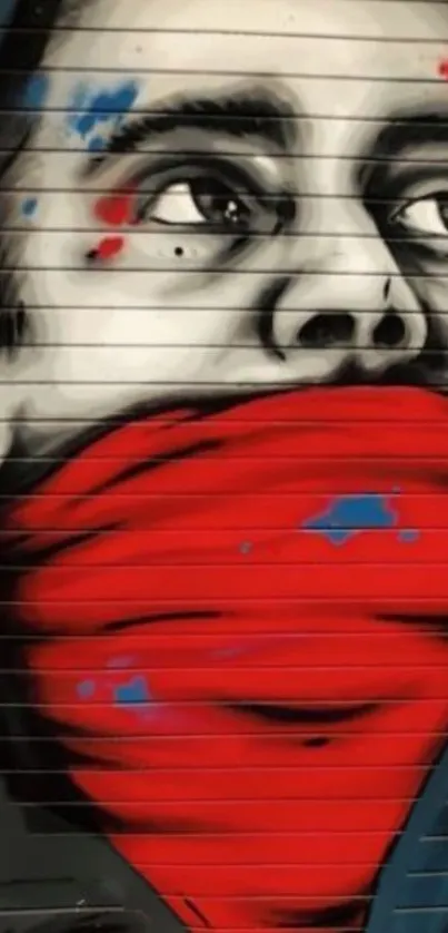 Graffiti portrait with red mask on urban wall.