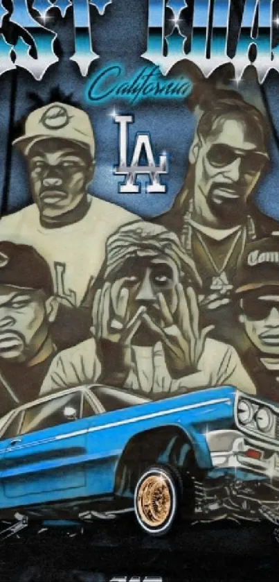 Retro hip-hop themed artwork with iconic figures and a lowrider car.