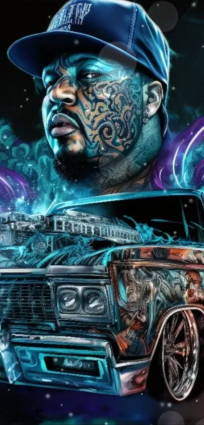 Vibrant tattooed artist with urban vehicle art.