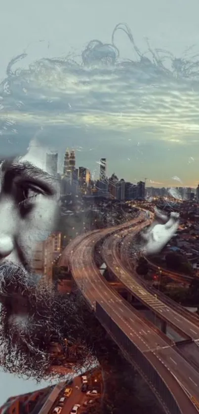 Double exposure urban cityscape and artistic portrait wallpaper.