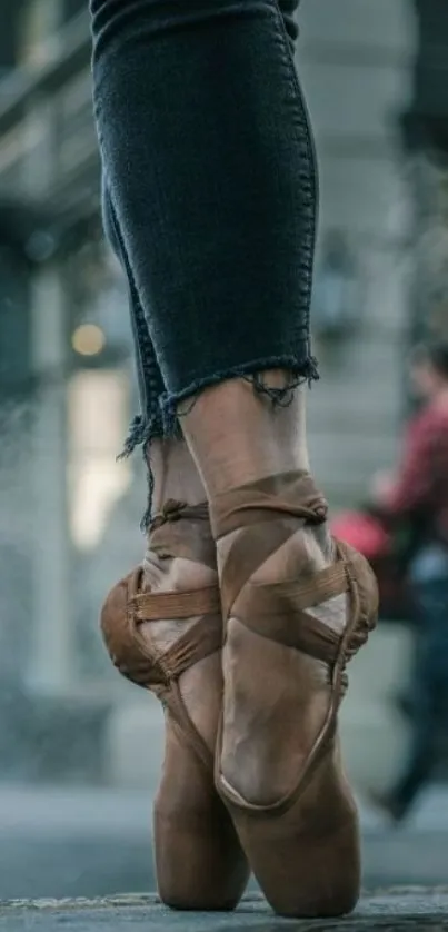 Ballet dancer on pointe shoes in urban setting, blending elegance and city life.