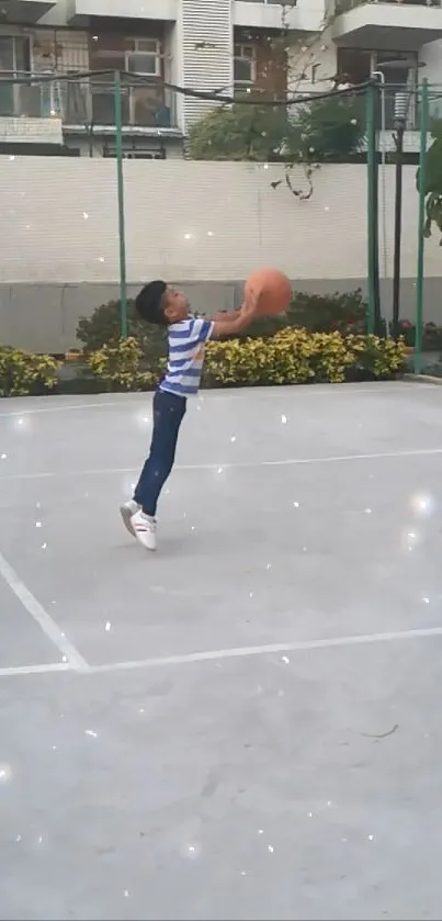 Youth playing basketball on urban court.