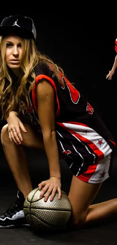 Basketball-themed wallpaper with a stylish young woman in jersey on dark backdrop.