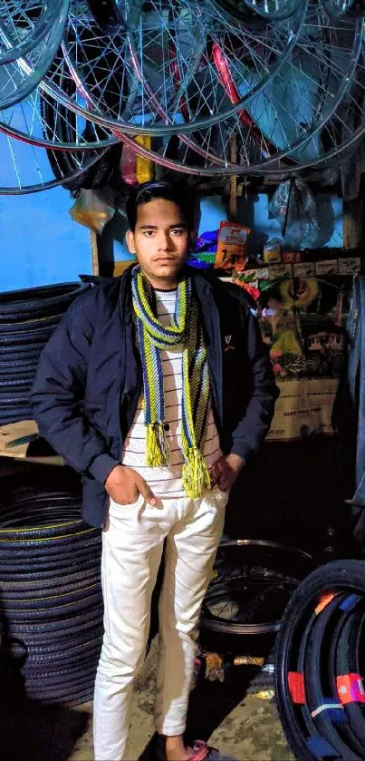 Young man in bike shop with vibrant wheels.