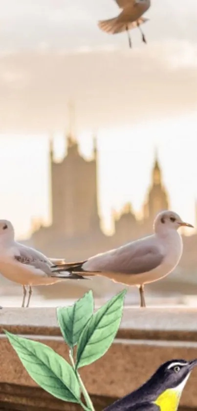 Birds perched with city skyline backdrop in soothing evening light.