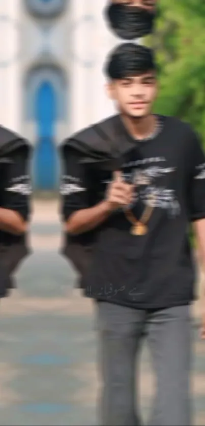 Blurred image of a young man walking outdoors in an urban setting.