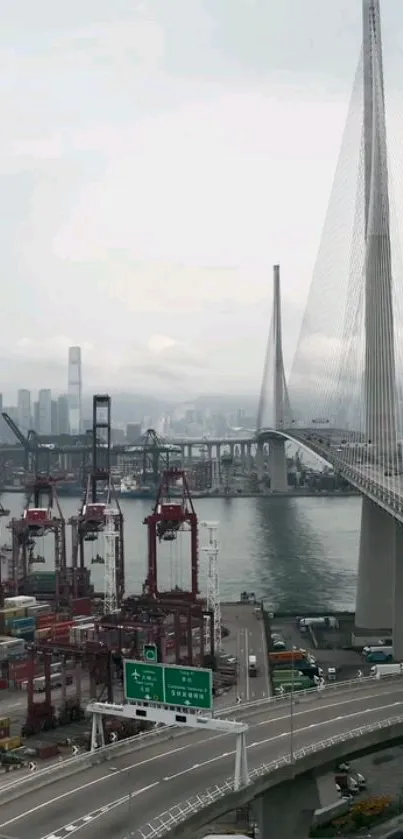 Urban bridge over harbor with city skyline.