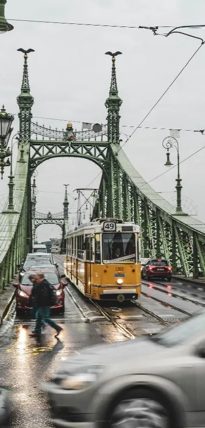 Yellow tram crossing Budapest's Liberty Bridge on a rainy day.