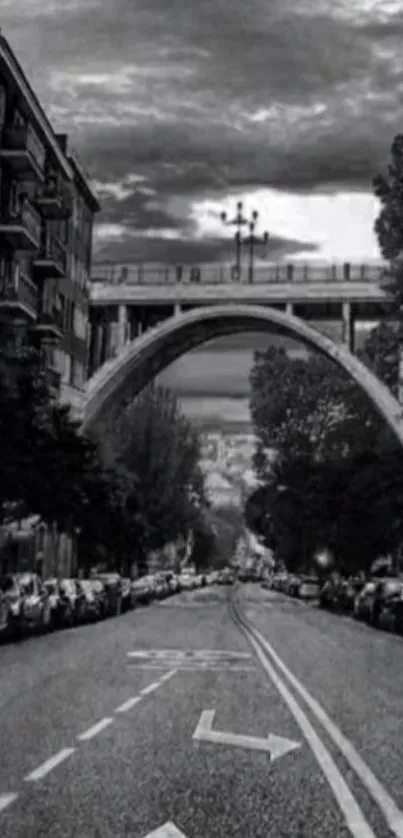 Monochrome cityscape with bridge and buildings in black and white.