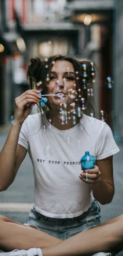 Woman blowing bubbles in urban setting.