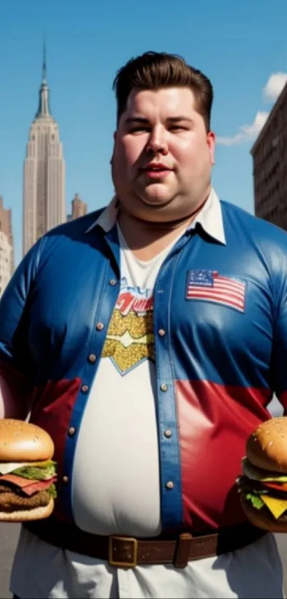 Man holding burgers in NYC with Empire State Building.