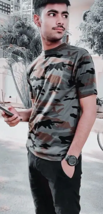 Man in camouflage shirt holding a phone, standing outdoors.