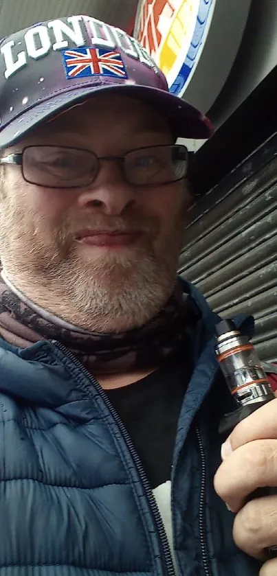 Man with London cap and vape, urban style.