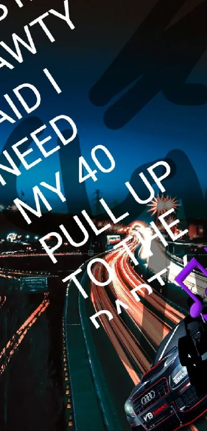 Car with neon and text overlay in urban night scene wallpaper.