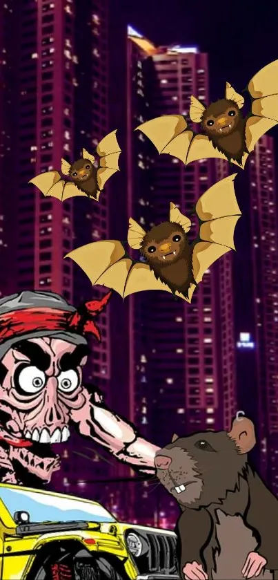 Cartoon wallpaper with cityscape, bats, pirate, and rat.