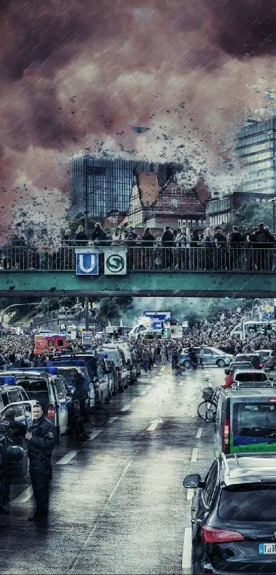Dramatic city scene under stormy skies with bustling street and dark clouds.