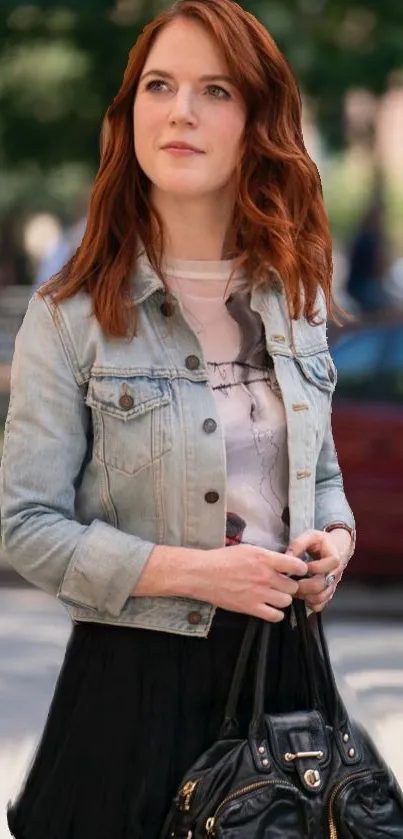 Redhead woman in denim jacket outdoors.