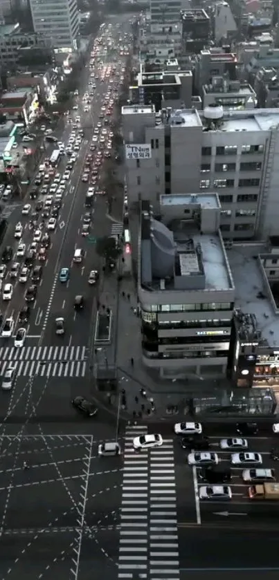 Urban city nightscape with busy streets and tall buildings.