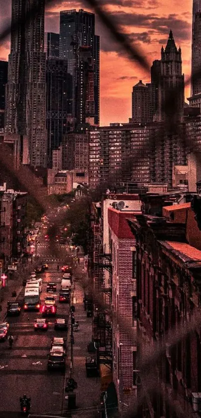 Cityscape with skyscrapers at sunset, viewed through a net