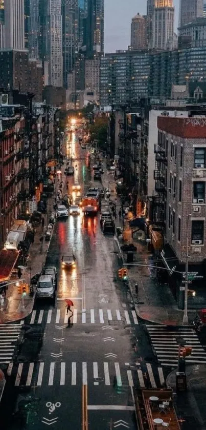 Urban cityscape at dusk with vibrant street lights.