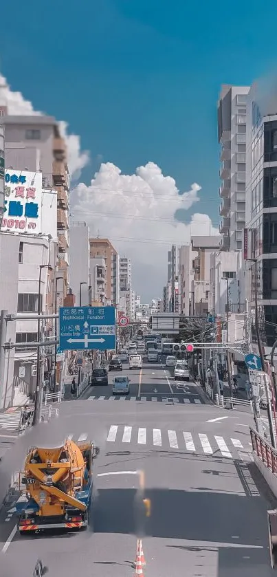 Bustling urban cityscape against a clear blue sky, perfect for mobile wallpaper.